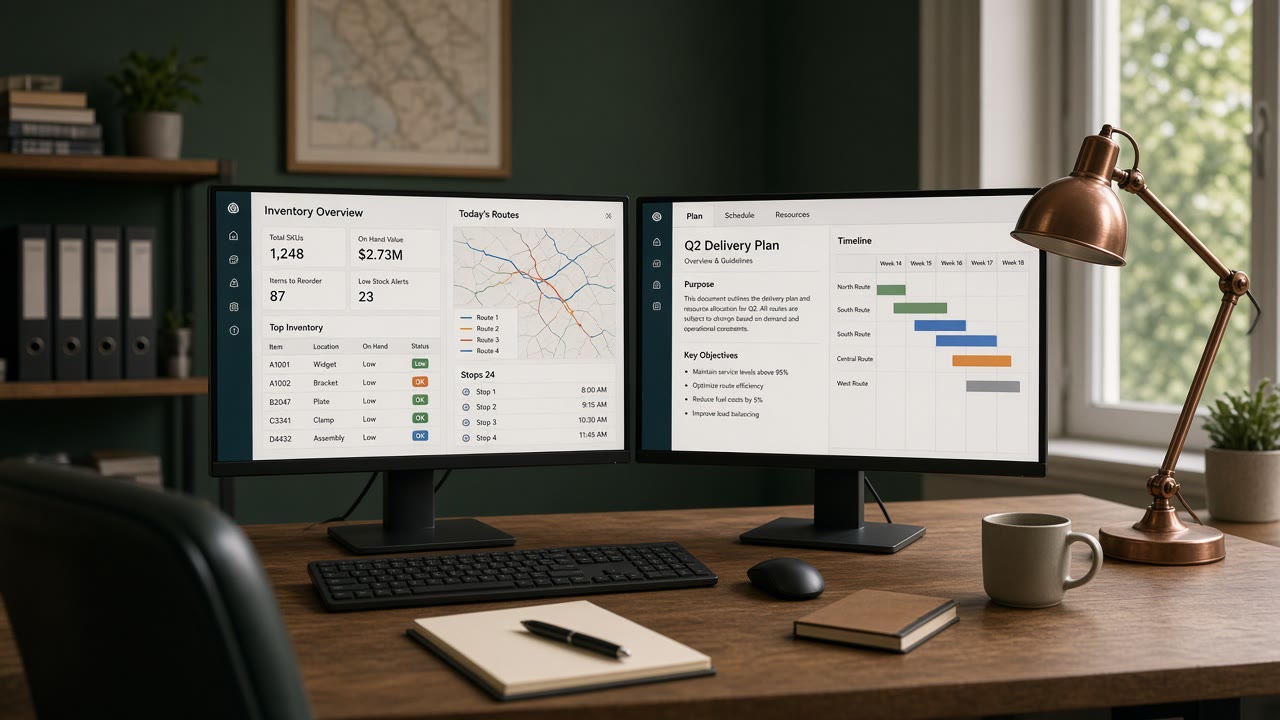 Business software on screens in a working operations office